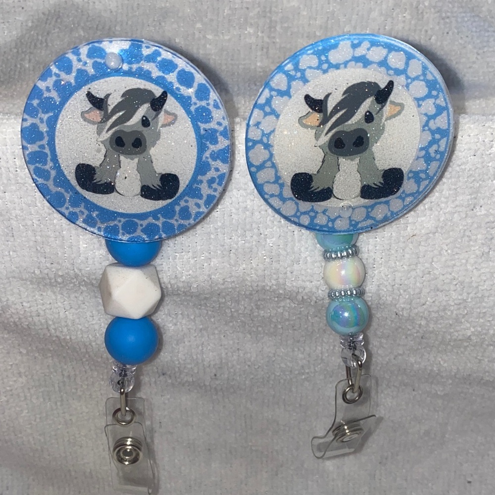 Blue and White Cow Badge Reel